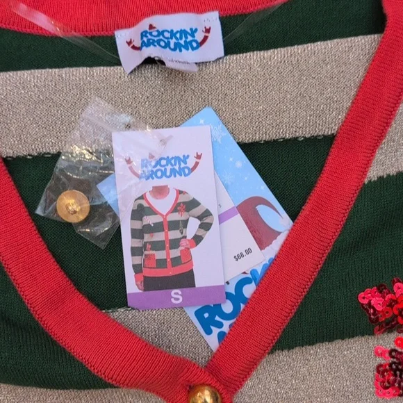 Rockin Around - NWT Ugly Christmas Cardigan Sweater with ELF Stripes - Picture 4 of 5